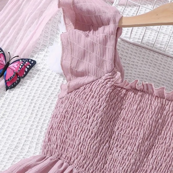 Pink Square Neck Smocked Ruffle Trim Dress - Picture 3 of 4